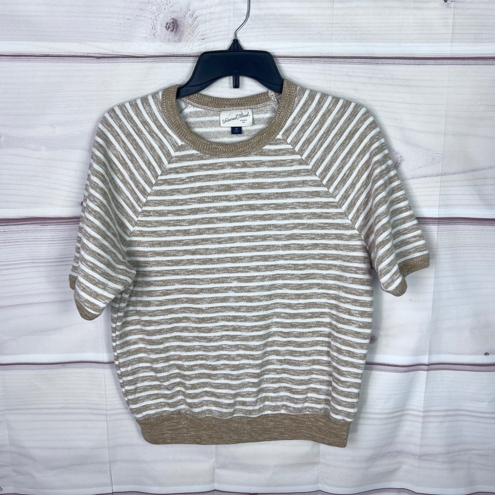Universal Thread Top Womens M Gold Striped Shirt Terry Knit Crew Neck Pullover